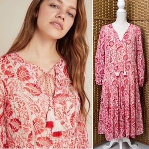 Anthropologie Red Floral Talulah Tiered Midi Dress Sz L NWT
